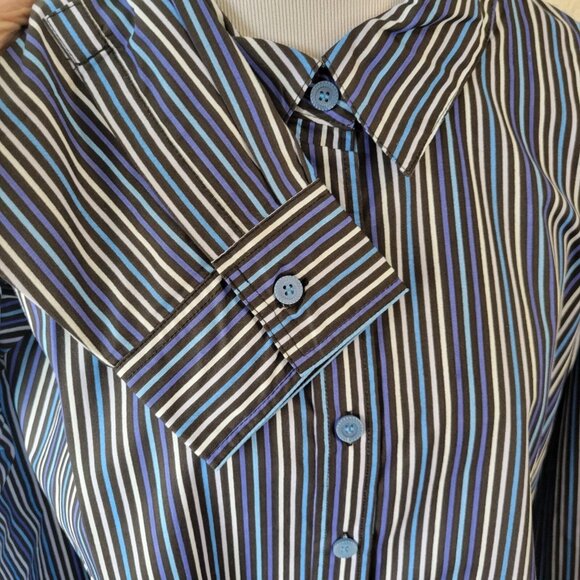 Roamans Womens Top 2X Plus Long Sleeve Collar Blue Stripe Button Up STR120E - Picture 5 of 9